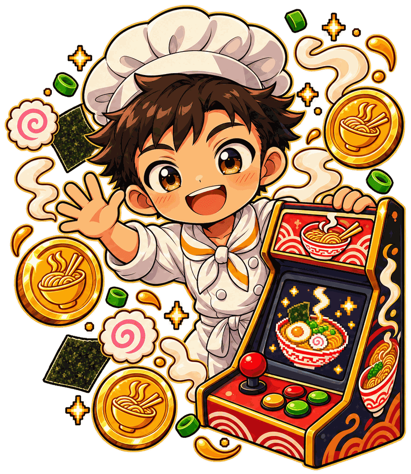 The RamenSwap chef next to his arcade cabinet